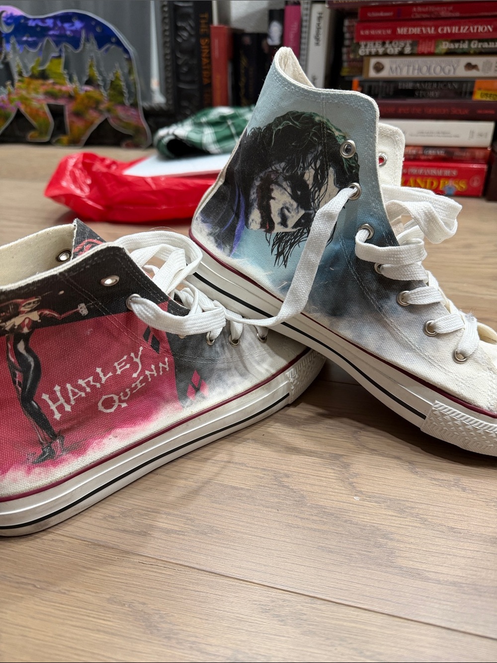 Custom Harley Quinn & Joker High-Top Canvas Sneakers - White with Pink/Blue Art